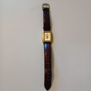 Vtg 1996 Guess Women's Gold Tone Rectangular Dial Brown Band Watch Japan Movt